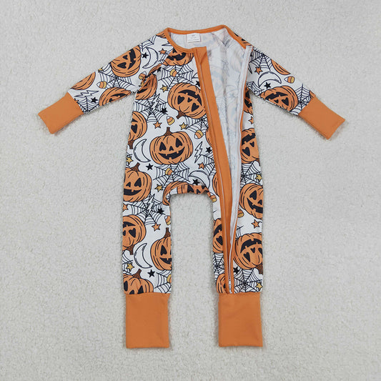 LR2528 Pumpkin Smiling Web Candy Print Baby Halloween Zipper Sleeper Romper