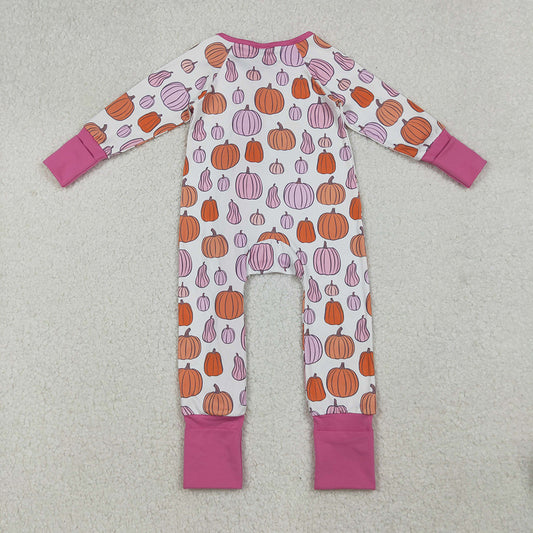 LR2566 Pumpkin Pink Print Baby Girls Fall Zipper Sleeper Romper