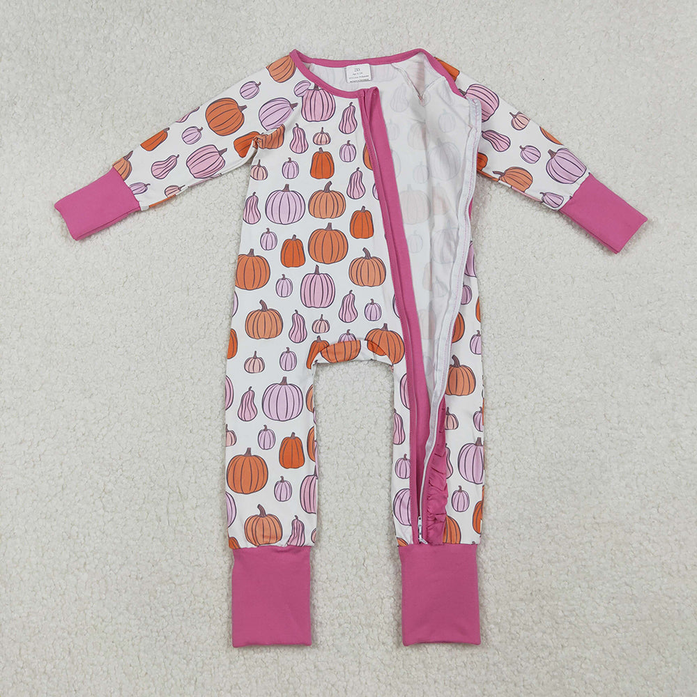 LR2566 Pumpkin Pink Print Baby Girls Fall Zipper Sleeper Romper