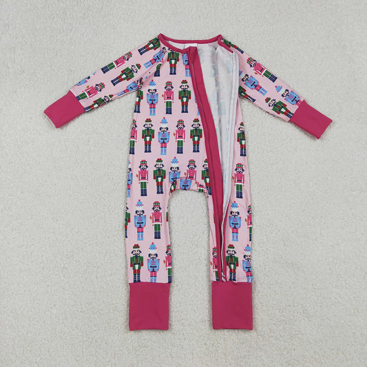 LR2598 Nutcracke* Soldier Pink Print Baby Girls Christmas Zipper Sleeper Romper