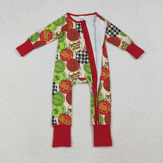 LR2658 Green Frog Lights Print Baby Christmas Zipper Sleeper Romper