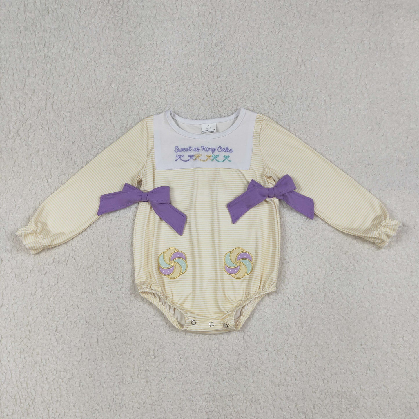 Sibling Baby Girls Embroidery Sweet as King Cake Ruffle Pants Mardigras Set Rompers