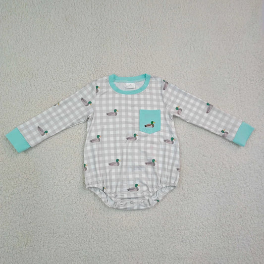Sibling Baby Boys Embroidery Ducks Deer Pockets Hunting Checked Rompers