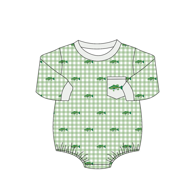 4.16 Baby Boys Fish Print Green Gingham Long Sleeve Bubble Romper Preorder