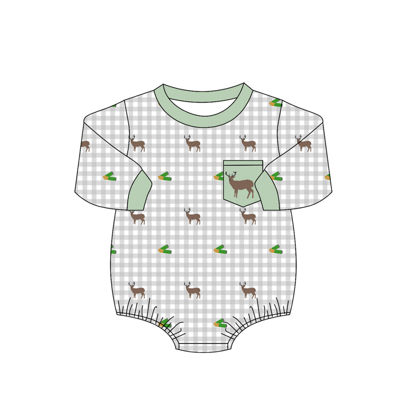 4.16 Baby Boys Hunting Deer Gingham Long Sleeve Bubble Romper Preorder