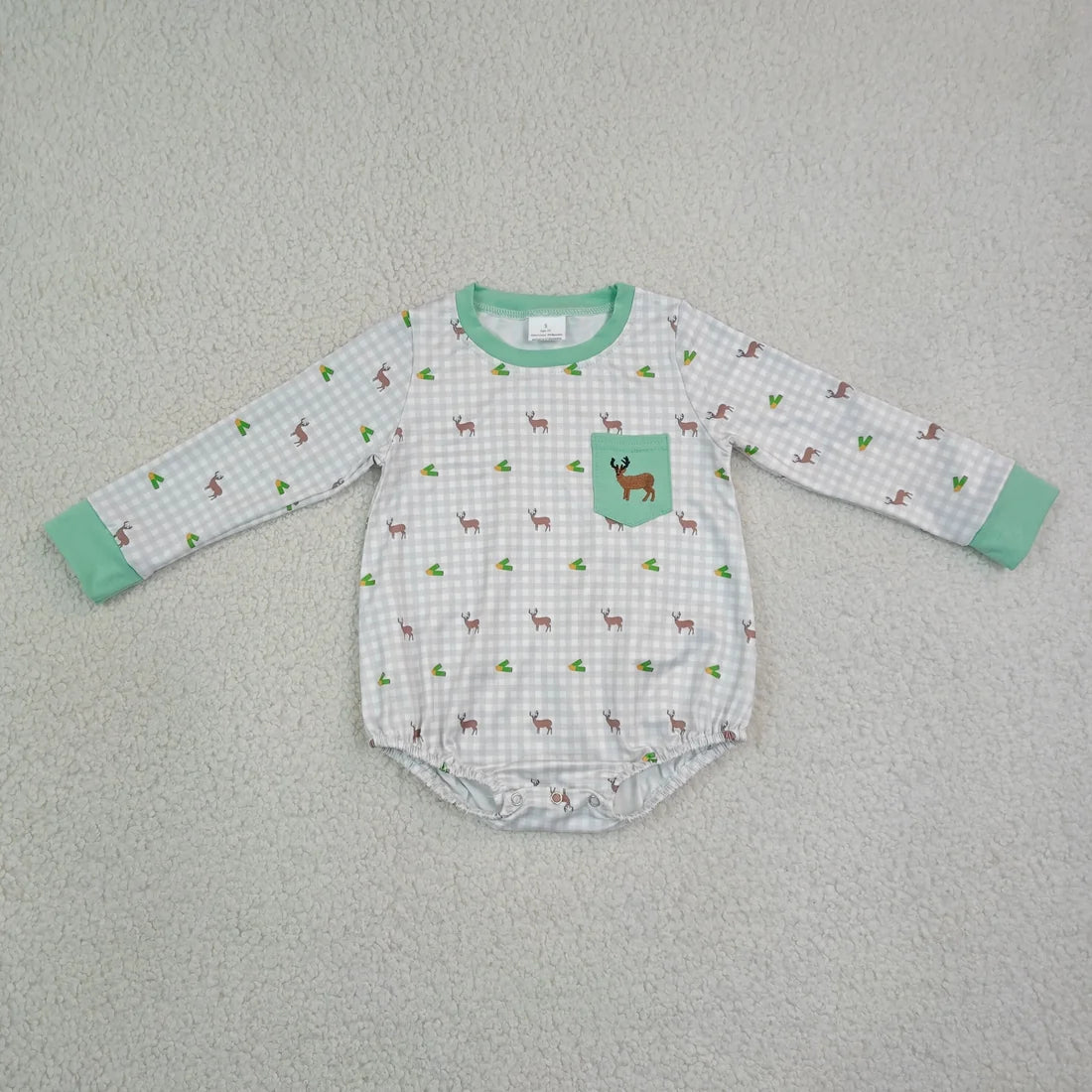 Sibling Baby Boys Embroidery Ducks Deer Pockets Hunting Checked Rompers