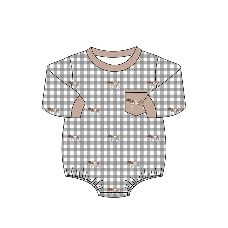 4.16 Baby Boys Hunting Dog Gingham Long Sleeve Bubble Romper Preorder