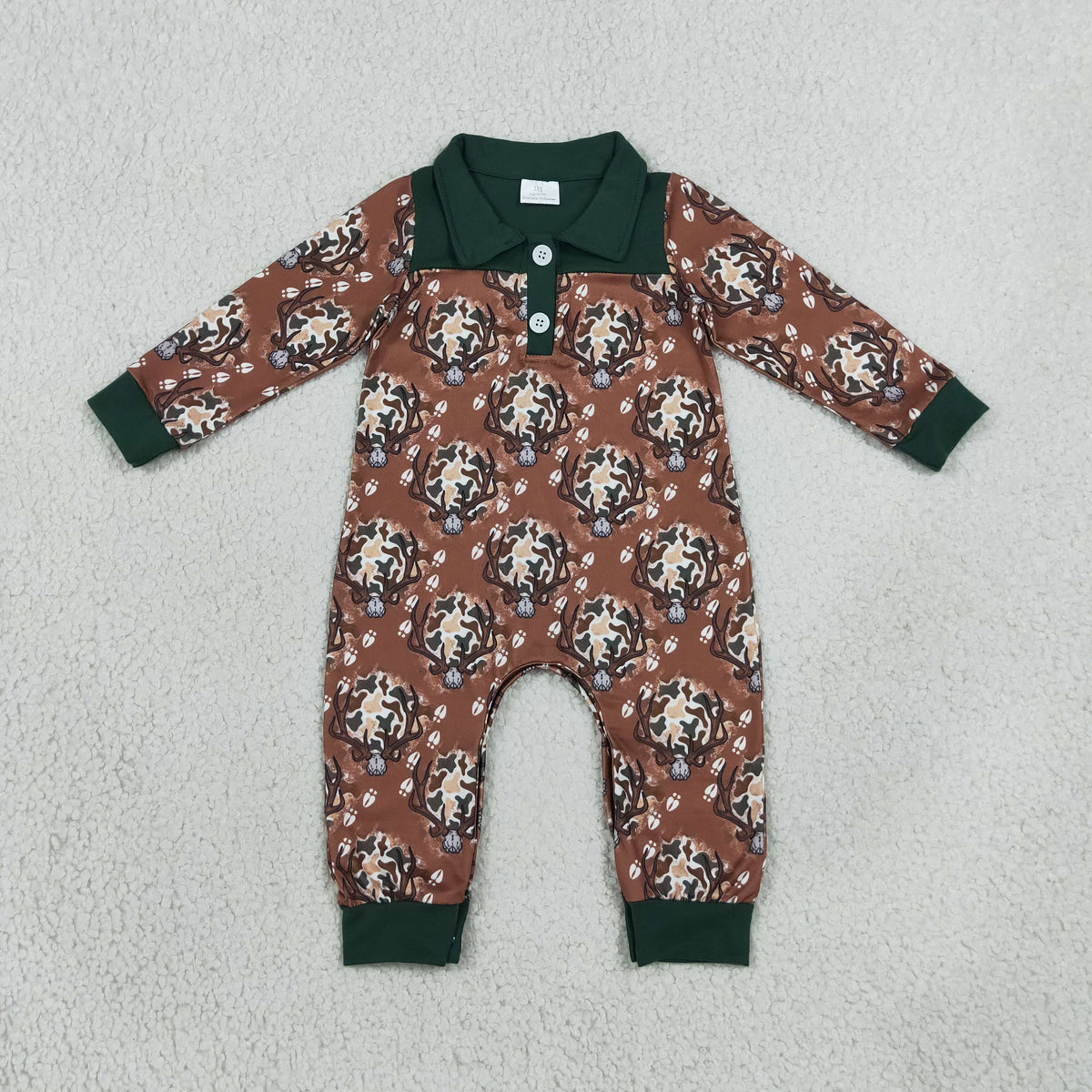 LR3013 Deer Skull Camo Brown Print Baby Boys Long Sleeve Romper