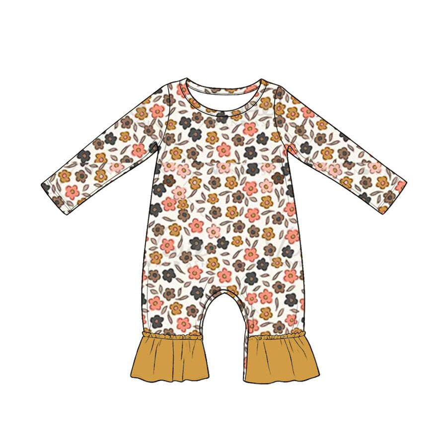 4.20 Baby Fall Neutral Floral Long Sleeve Romper With Ruffle Preorder