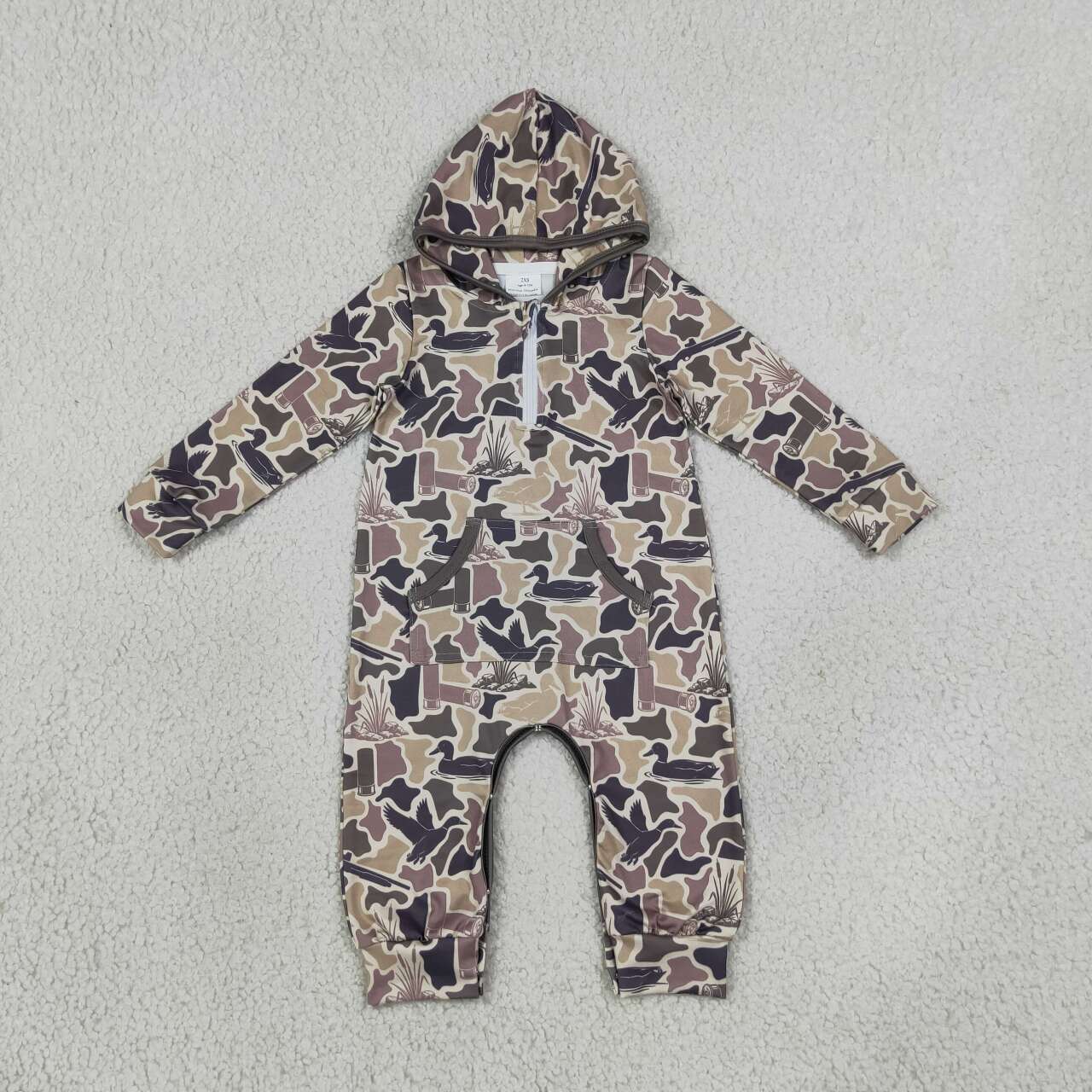 LR3029 Duck Brown Camo Print Baby Boys Zipper Pocket Hoodie Romper