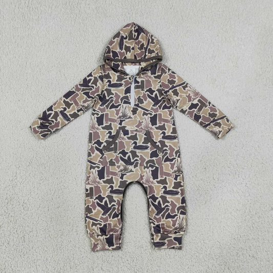 LR3029 Duck Brown Camo Print Baby Boys Zipper Pocket Hoodie Romper