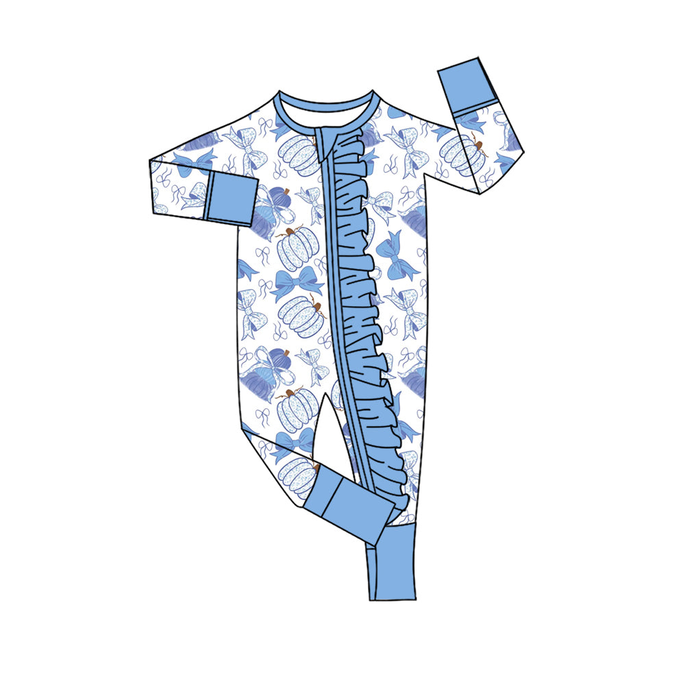 4.28 LR3060 Pumpkin Bows Blue Baby Girls Fall Zipper Sleeper Romper Preorder