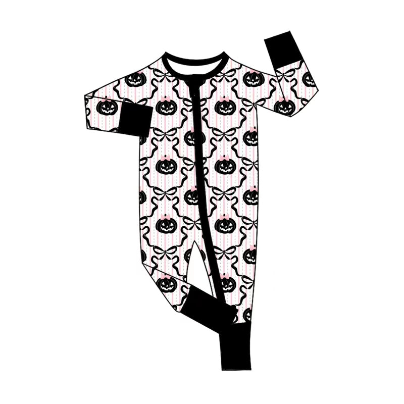 5.1 LR3067 Pumpkin Bows Stripes Baby Girls Halloween Zipper Sleeper Romper Preorder