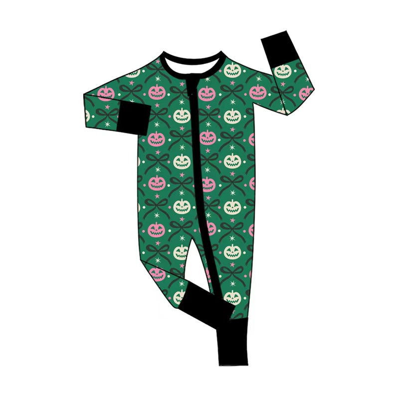 5.1 LR3070 Pumpkin Bows Green Baby Girls Halloween Zipper Sleeper Romper Preorder