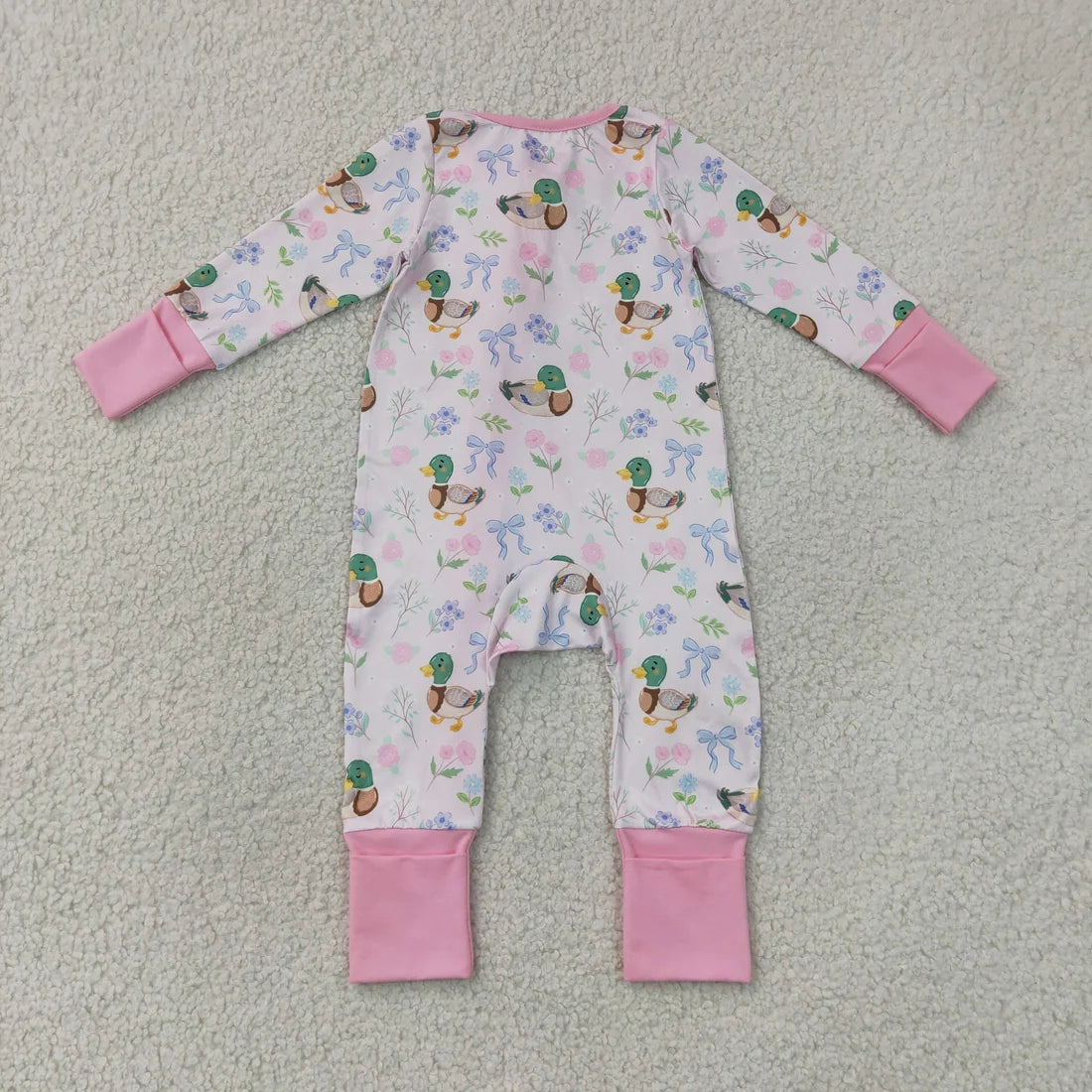 Sibling Baby Girls Flowers Bows Ducks Pink Scallop Shorts Set Zipper Romper