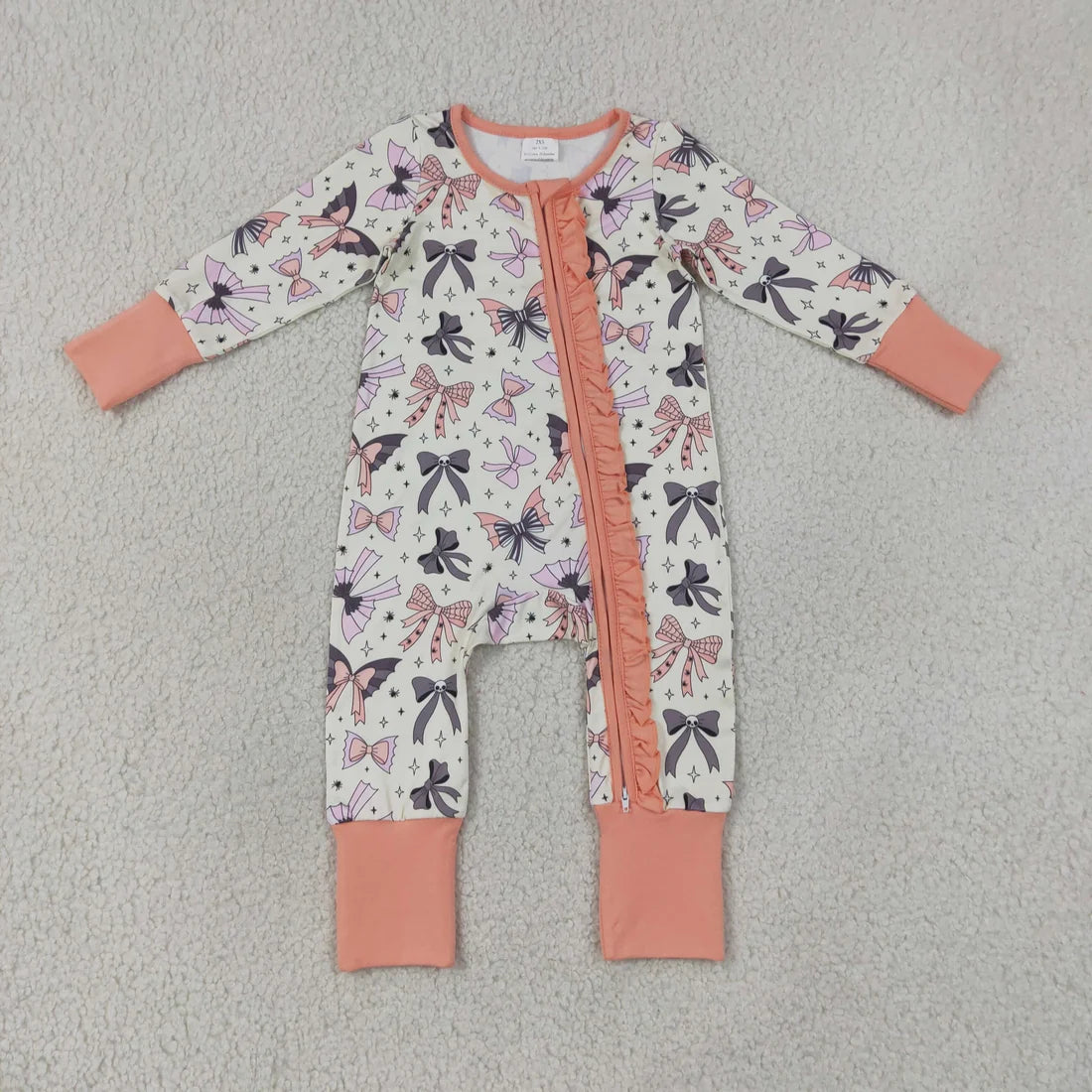 Sibling Baby Girls Ghost Bows Fur Sleeves Pant Halloween Pajamas Set Ruffle Zip Rompers