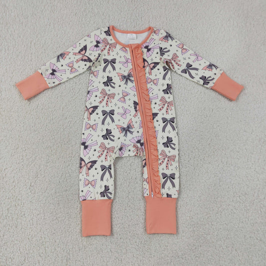 LR3078 Halloween Ghost & Bows Baby Girls Long Sleeve Zipper Sleeper Romper