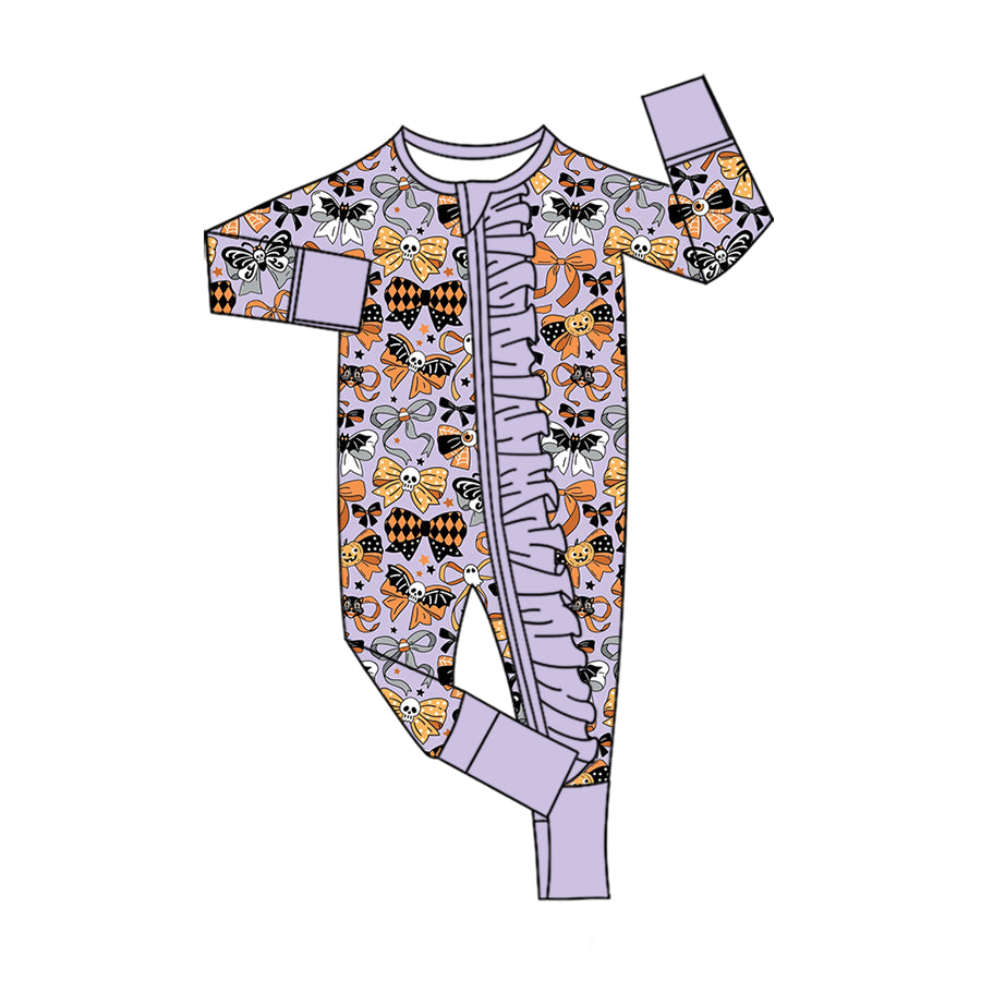 5.13 Baby Girls Skull & Pumpkin Bow Long Sleeve Zipper Romper Preorder