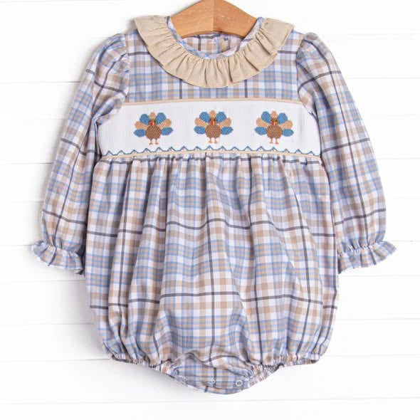 6.18 Preorder LR3103 Turkey Khaki Blue Plaid Print Baby Girls Thanksgiving Romper
