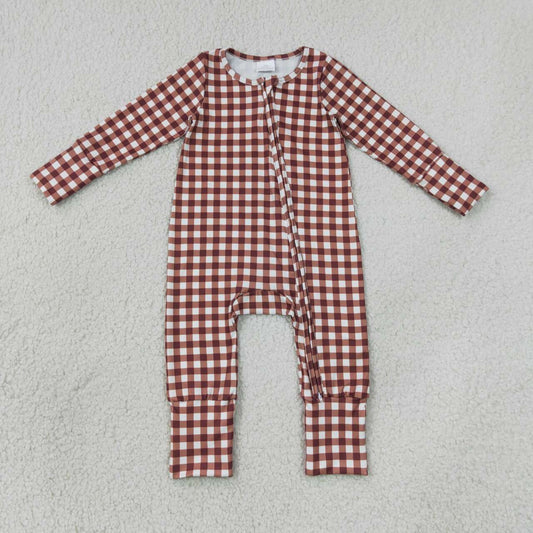 LR3113 Brown Checkerd Baby Long Sleeve Zipper Sleeper Romper
