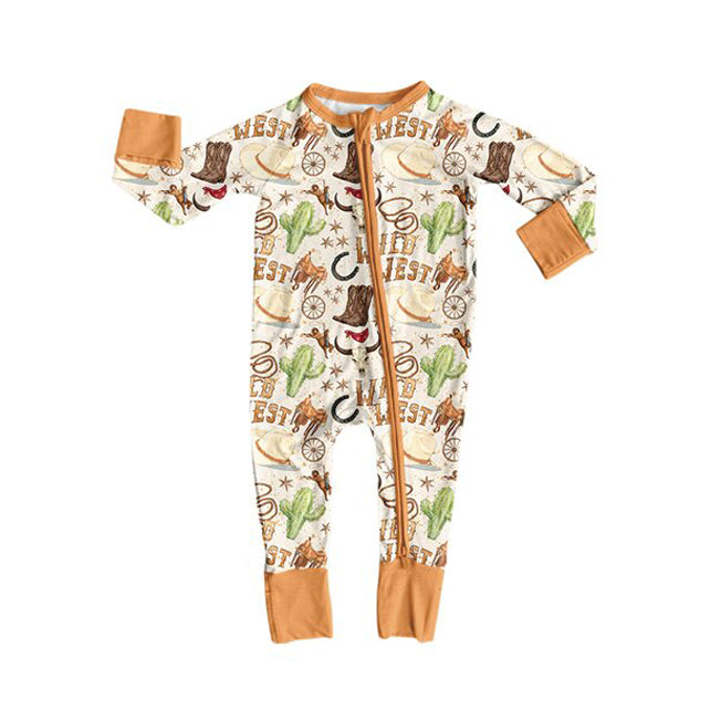 6.24 Preorder LR3116 West Cactus Cowboy Print Baby Long Sleeve Zipper Sleeper Romper