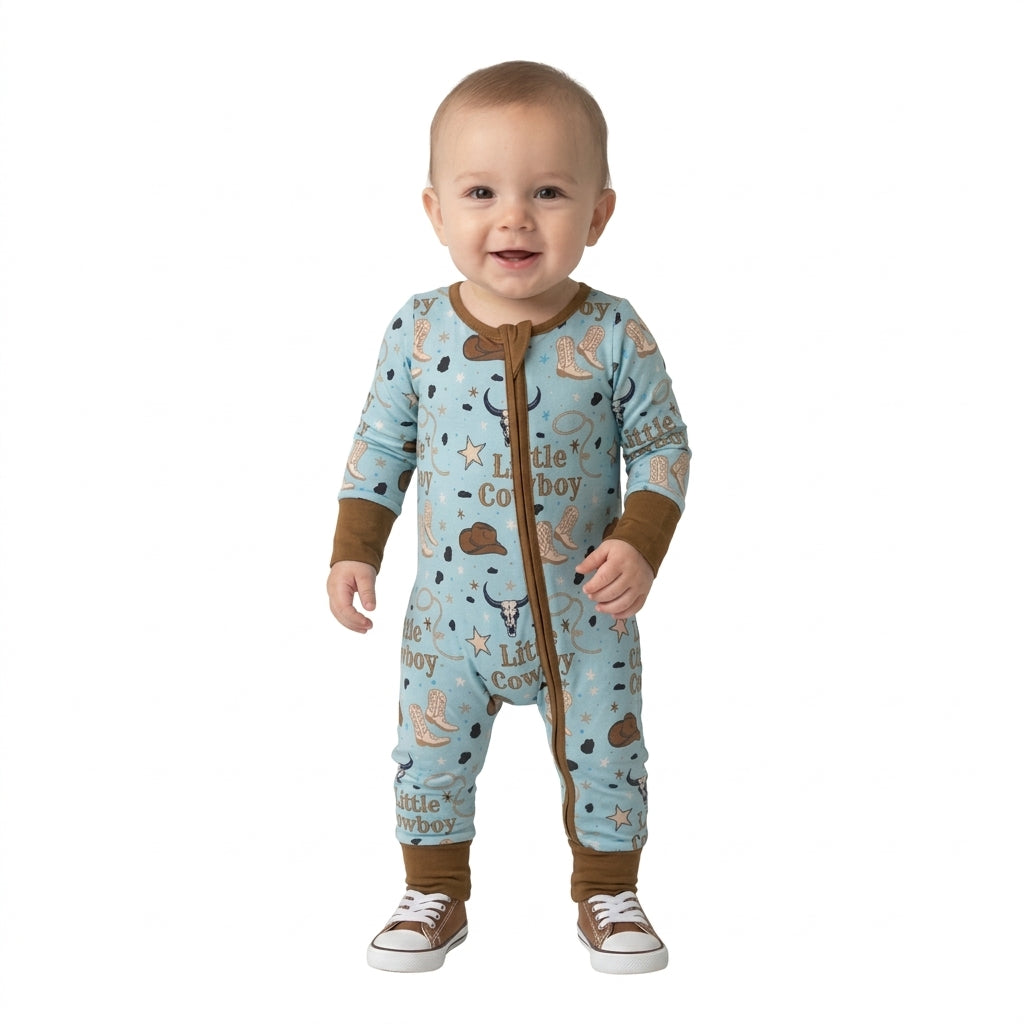 LR3124 Little Cowboy Boots Print Baby Boys Western Zipper Sleeper Romper