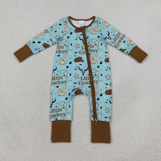 LR3124 Little Cowboy Boots Print Baby Boys Western Zipper Sleeper Romper