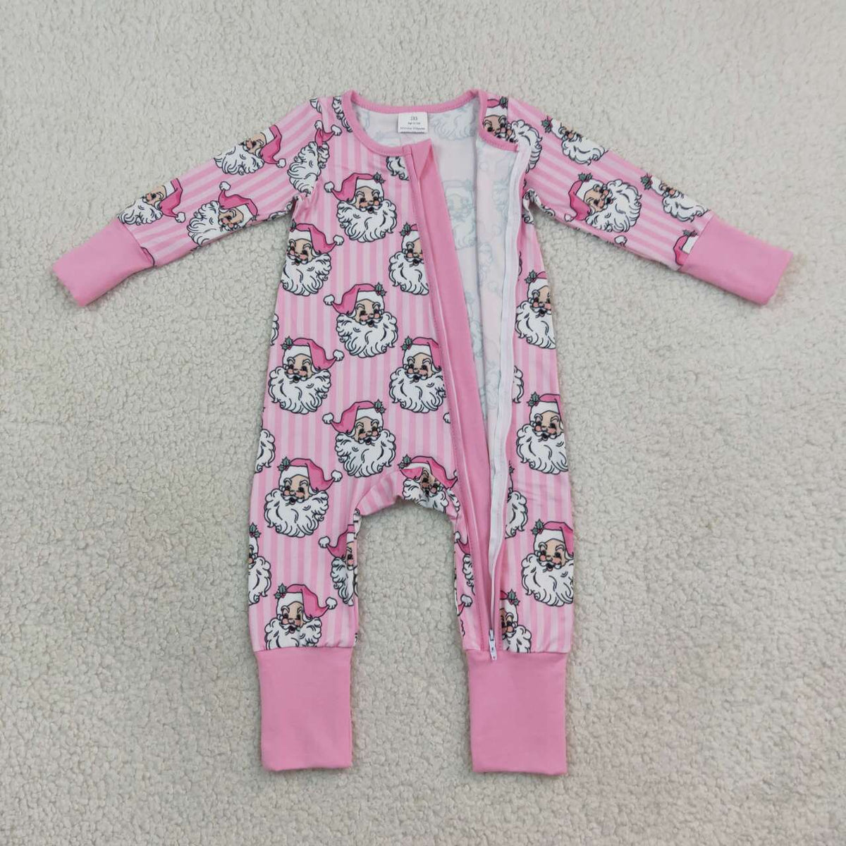 Sibling Baby Girls Christmas Santa Pink Striped Flare Pants Outfit and Zipper Romper