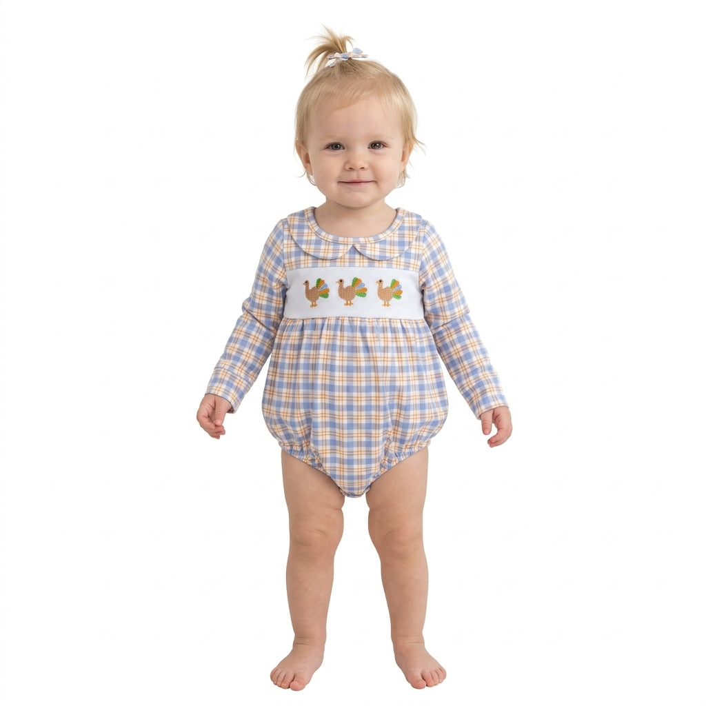 LR3132 Turkey Embroidery Plaid Print Baby Boys Thanksgiving Romper