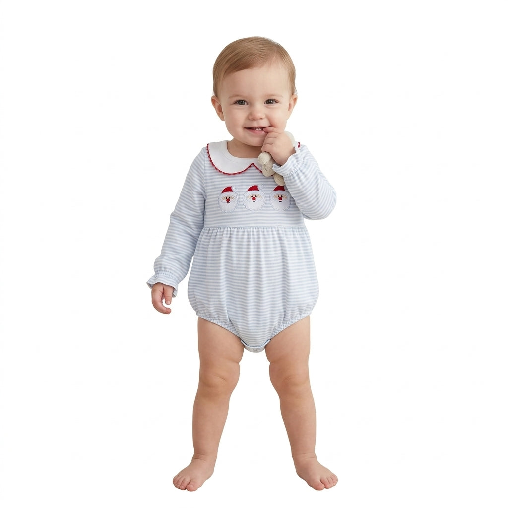 LR3136 Santa Embroidery Blue Stripes Baby Girls Christmas Long Sleeve Bubble Romper