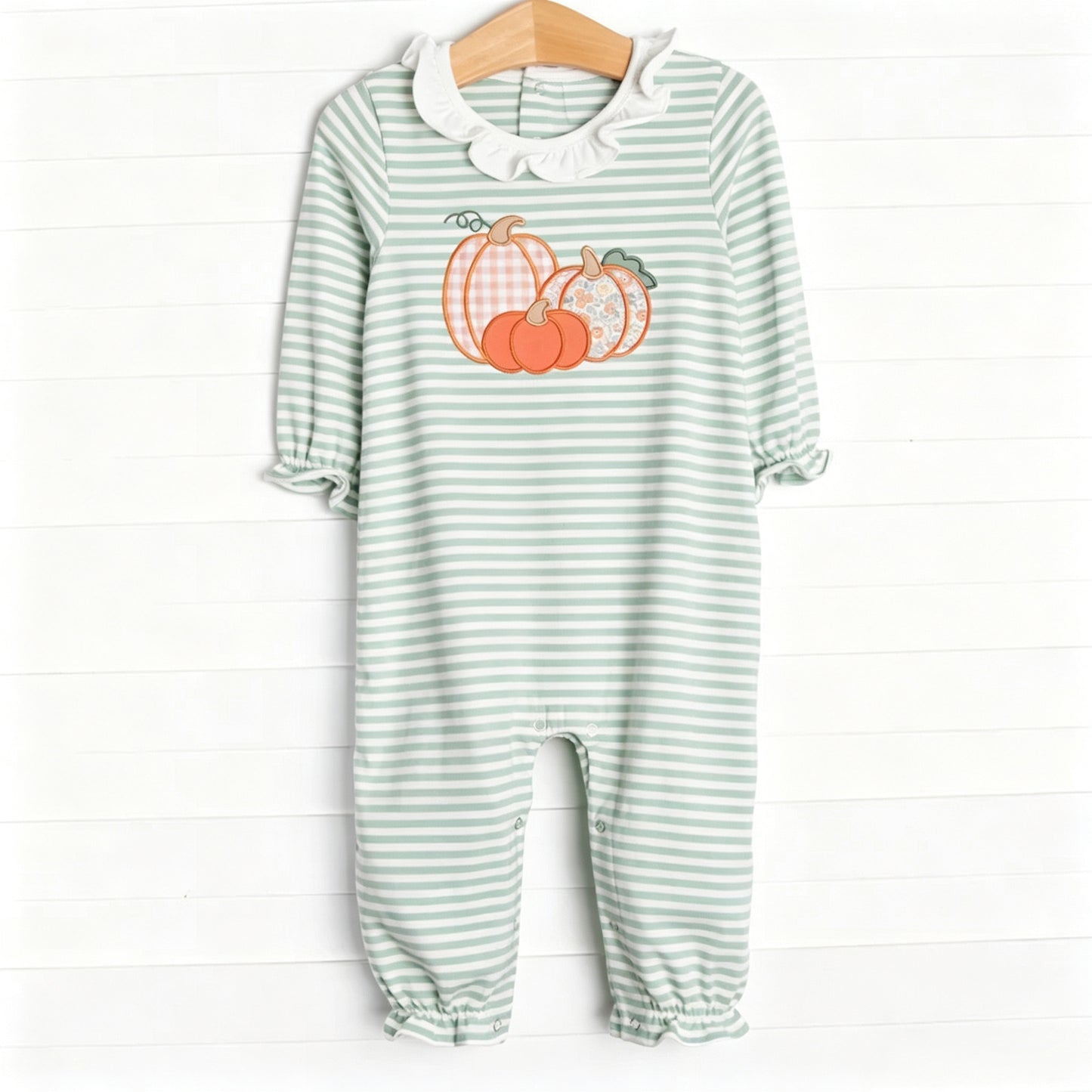 7.4 Preorder LR3137 Pumpkin Green Stripes Print Baby Girls Fall Romper