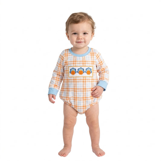 LR3138 Pumpkin Turkey Embroidery Orange Checkered Print Baby Boys Thanksgiving Romper