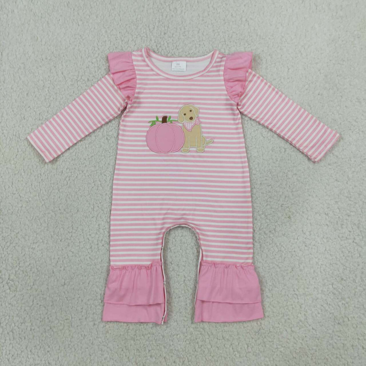Sibling Baby Girls Boys Embroidery Pumpkin Puppy Striped Outfit and Romper
