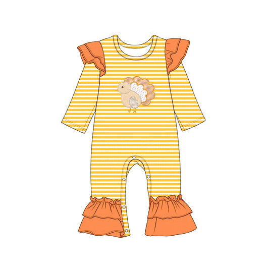 7.15 LR3144 Preorder Turkey Stripes Baby Girls Thanksgiving Romper