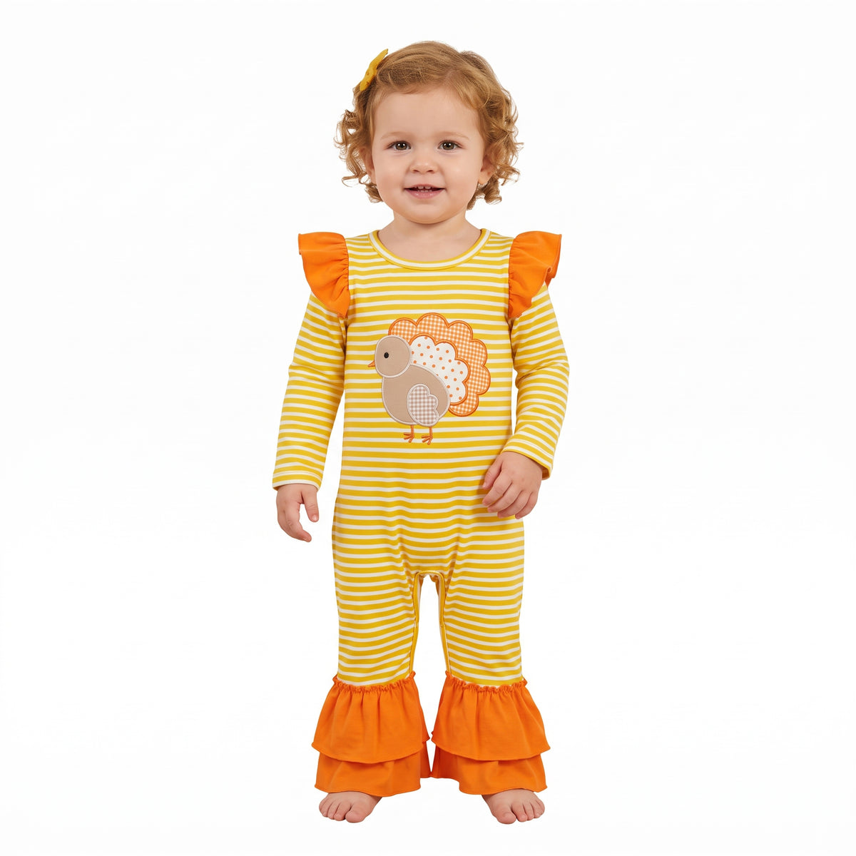 LR3144 Turkey Embroidery Stripes Print Baby Girls Thanksgiving Ruffle Romper