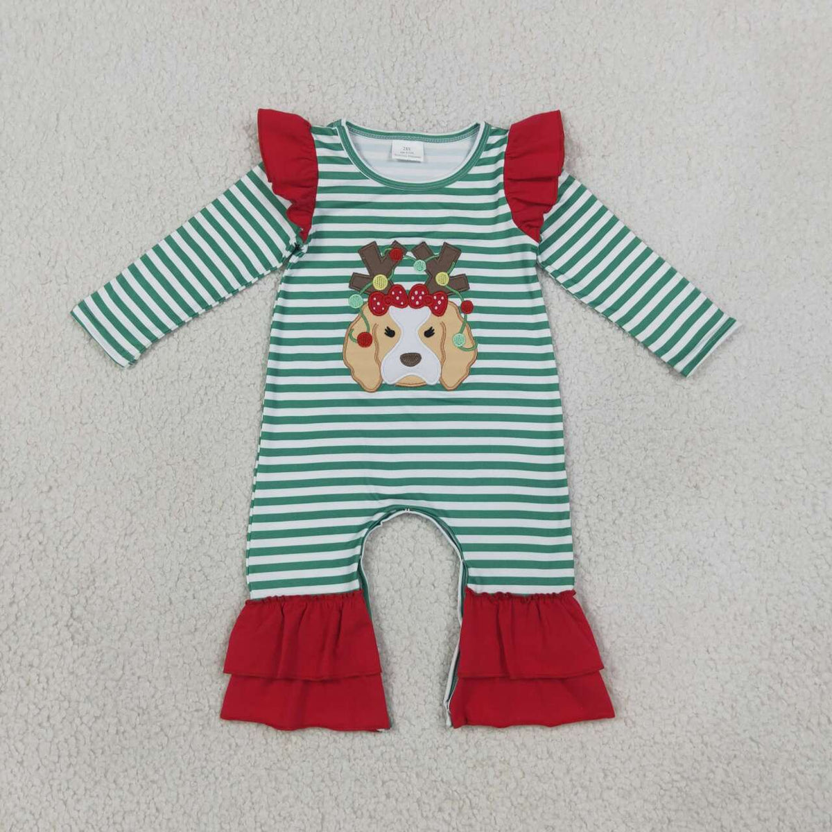 Sibling Baby Girls Embroidery Christmas Dog Striped Matching Clothing