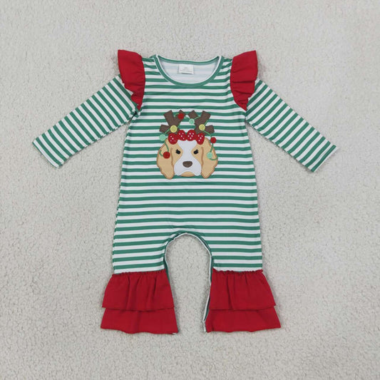 LR3145 Dog Embroidery Green Stripes Baby Girls Christmas Ruffle Romper