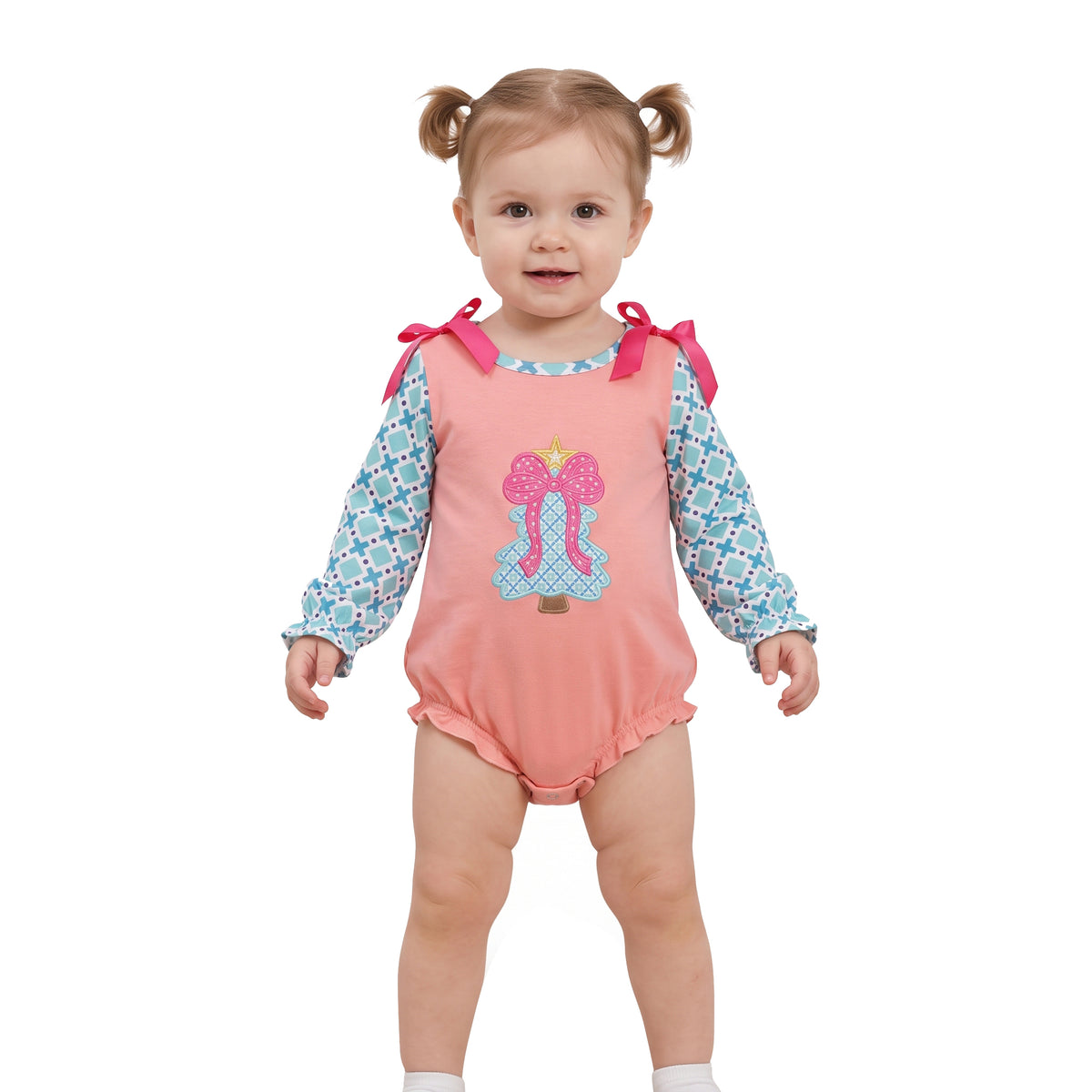 LR3164 Bow Tree Embroidery Checkered Print Baby Girls Christmas Clothes Set