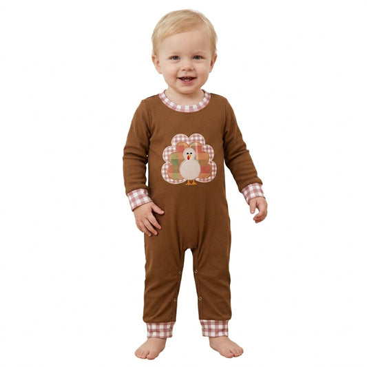 LR3170 Turkey Embroidery Brown Checkered Print Baby Boys Thanksgiving Romper