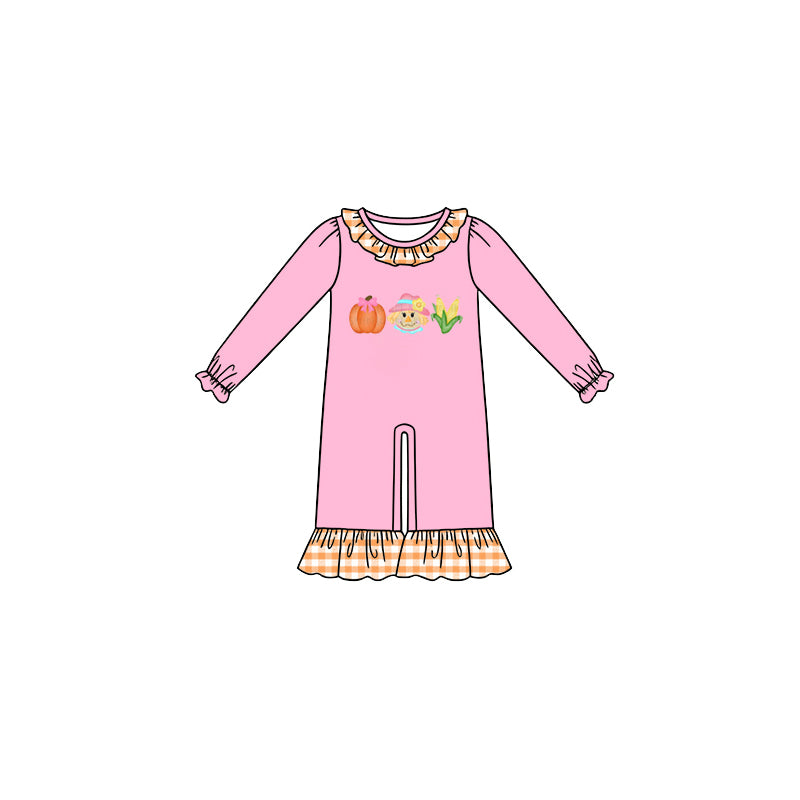 7.29 LR3174 Preorder Pumpkin Scarecrow Corn Pink Print Baby Girls Fall Romper