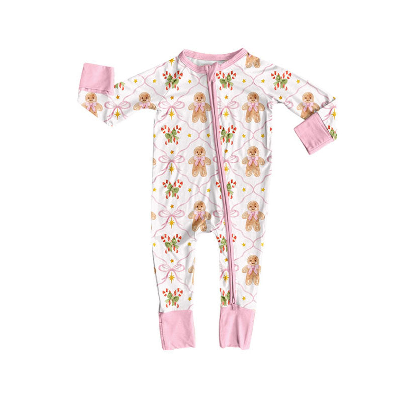 7.29 LR3175 Preorder Gingerbread Bows Candy Cane Pink Baby Girls Christmas Long Sleeve Zipper Sleeper Romper