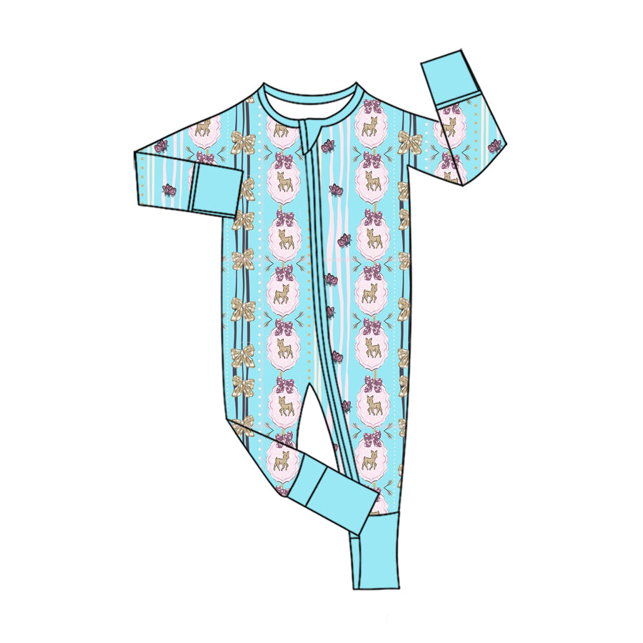 7.30 Preorder Baby Girls Deer Christmas Blue Long Sleeve Zipper Romper