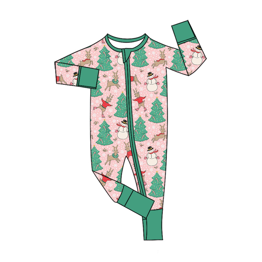 7.30 Preorder Baby Girls Pink Christmas Tree Snowman Reindeer Zipper Romper