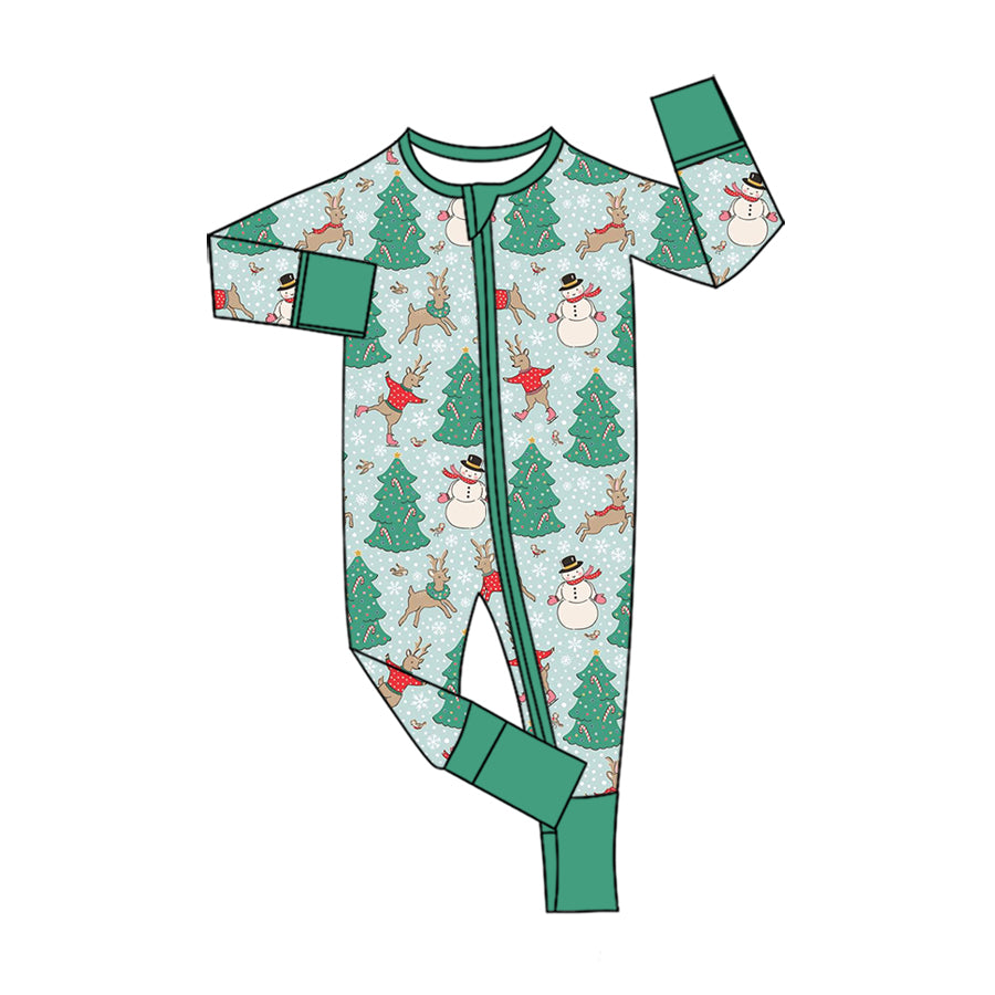 7.30 Preorder Baby Boys Green Christmas Tree Snowman Reindeer Zipper Romper