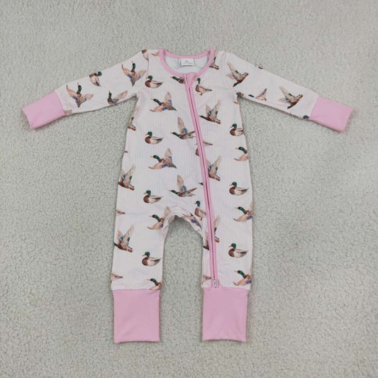 LR3218 Mallard Duck Pink Striped Baby Girls Long Sleeve Zipper Sleeper Romper
