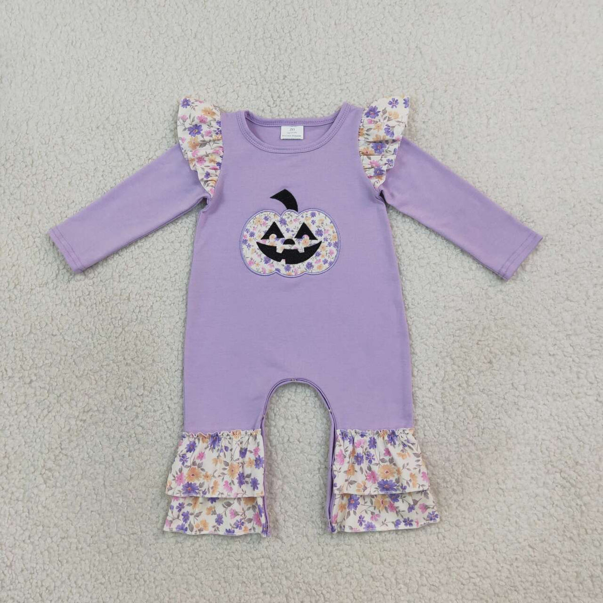 Sibling Baby Girls Embroidery Pumpkin Face Purple Top Floral Pants Outfit and Romper