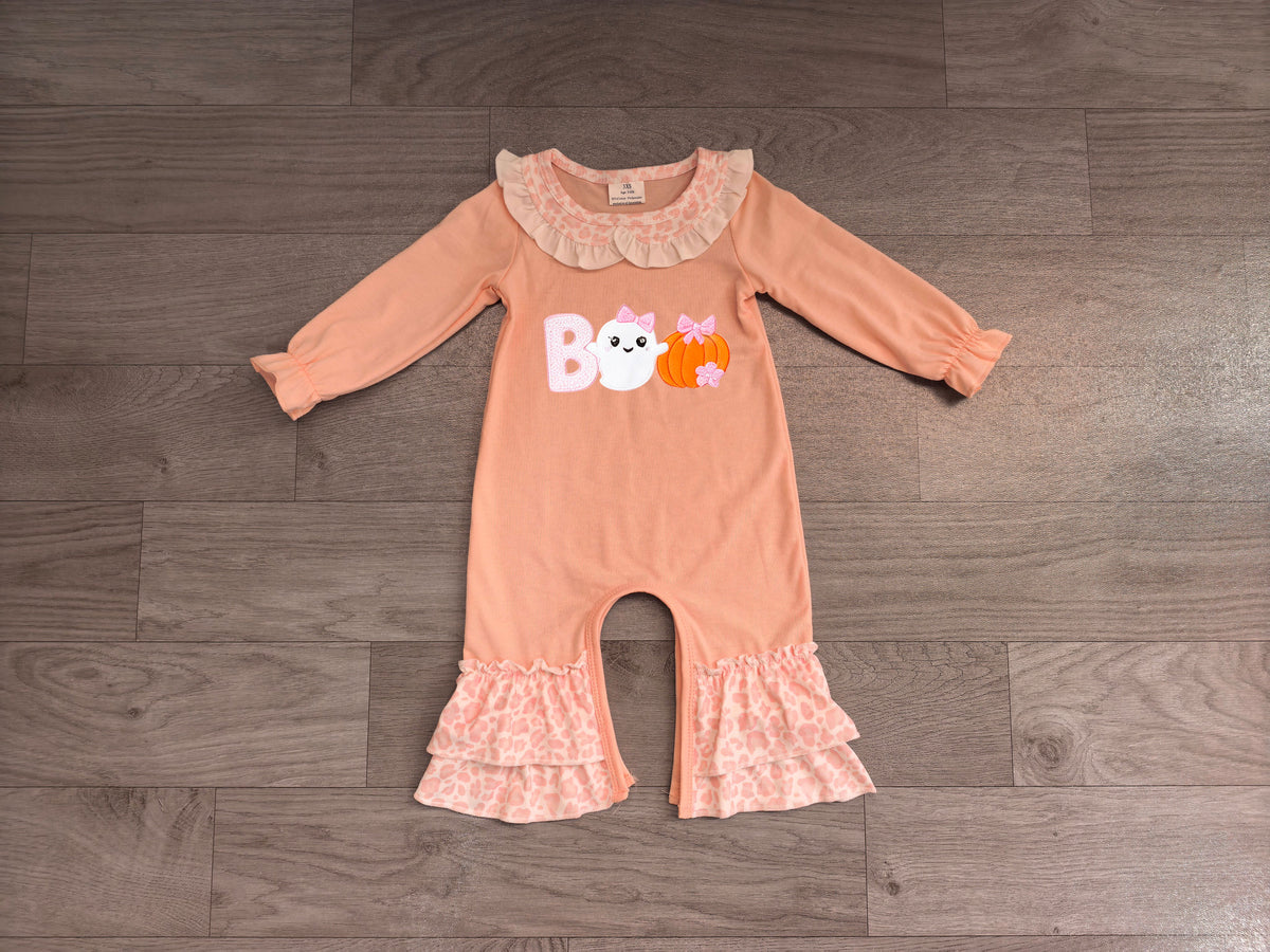 7.31 LR3223 Preorder Boo Ghost Pumpkin Print Baby Girls Halloween Ruffle Romper