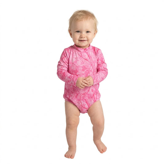 LR3224 Pink Branch Print Baby Girls Mock Neck Long Sleeve Bubble Romper
