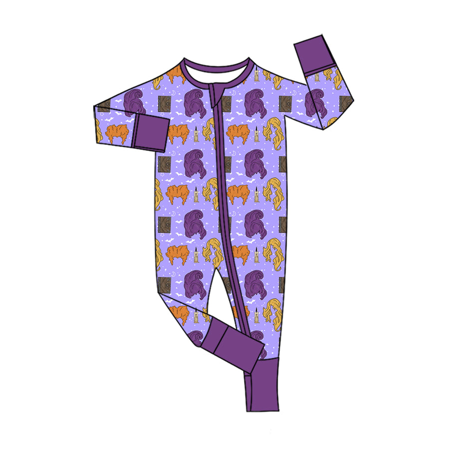 8.6 LR3226 Preorder Witch Purple Baby Girls Halloween Long Sleeve Zipper Sleeper Romper