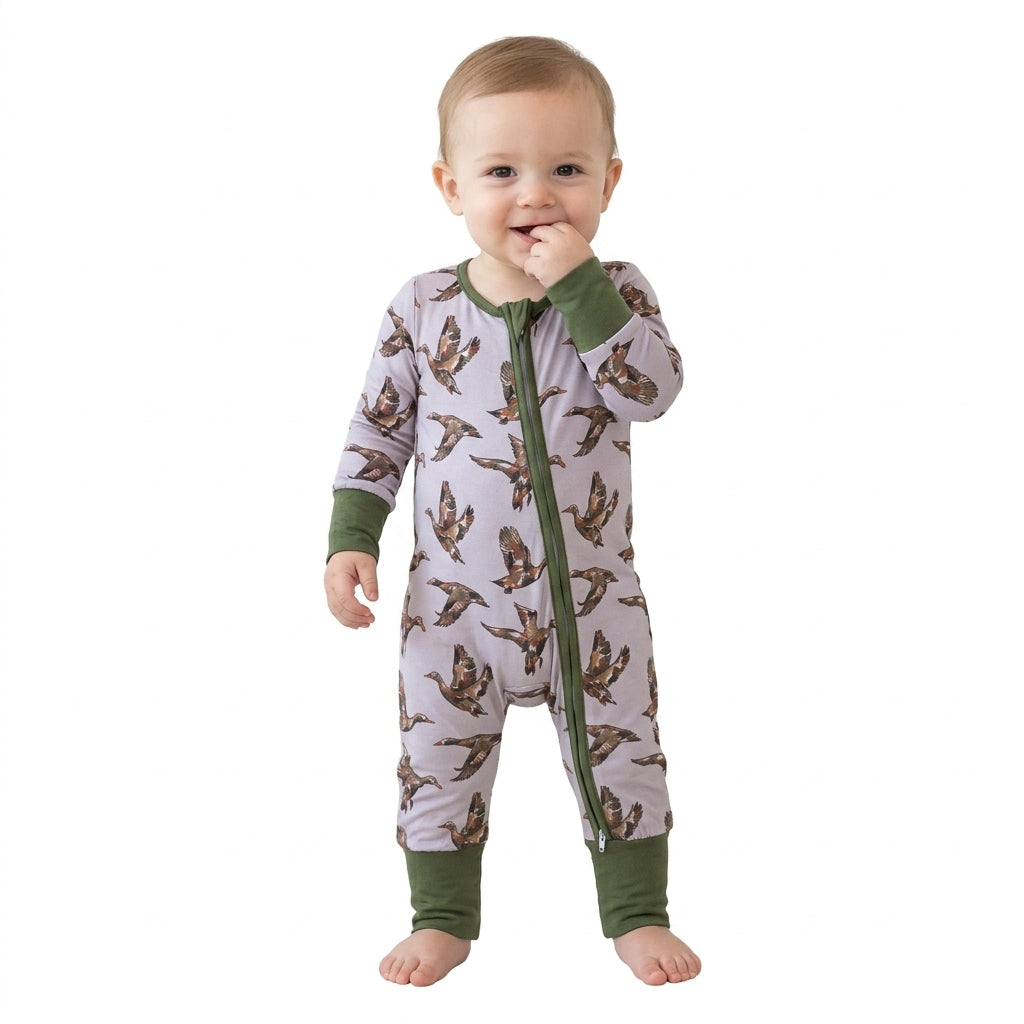 LR3233 Mallard Duck Print Baby Boys Long Sleeve Zipper Romper